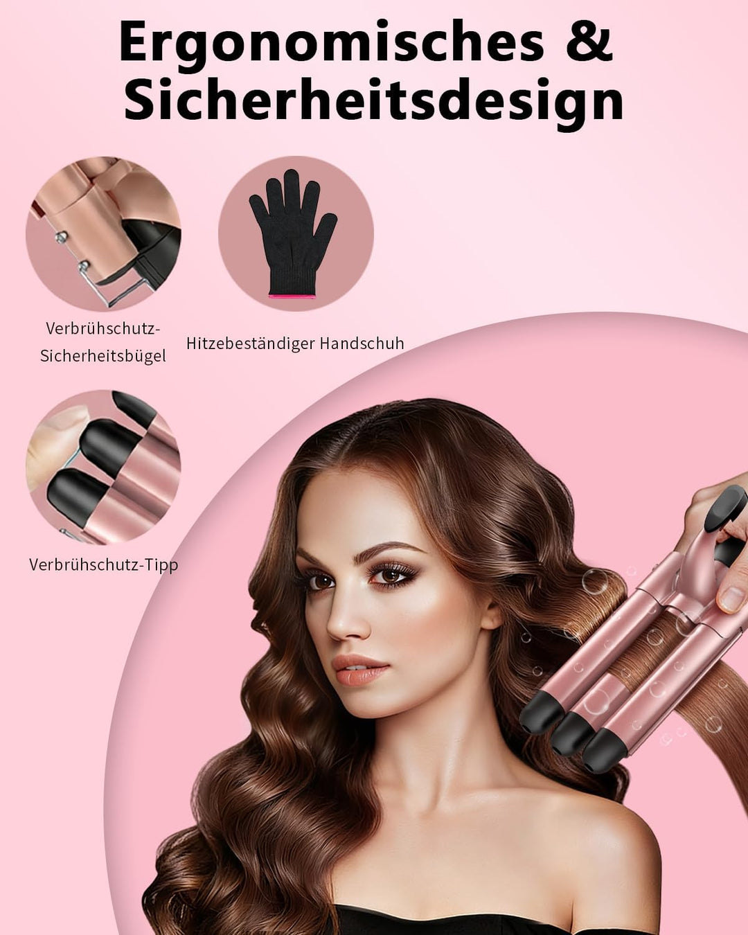 5 in 1 Lockenstab Set mit 3-Barrel Crimper, Austauschbare Keramikaufsätze Schnelles Aufheizen Dual-S