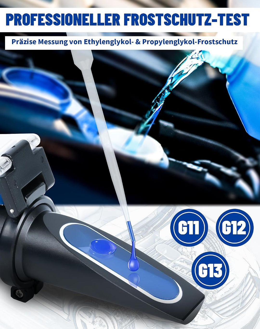 4-in-1 Frostschutz Refraktometer mit ATC, Kühlmitteltester Auto Blau | Für Ethylenglykol G11 G12, Pr