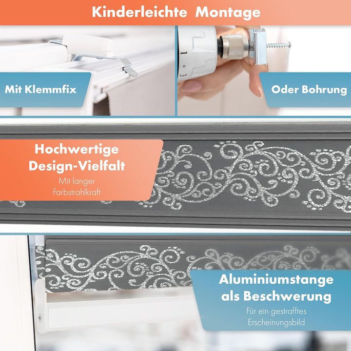 Bailena® Doppelrollo Klemmfix ohne Bohren - 4in1 Duo Rollo mit Muster Grau Silber Glitzernd 50x200cm
