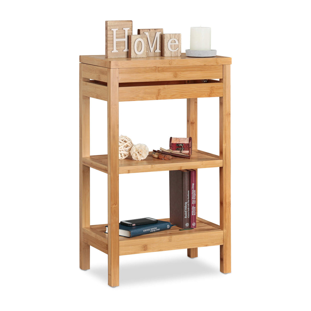 Relaxdays Bambusregal, Standregal mit 3 Ablagen, HxBxT: 76,5 x 46 x 29,5 cm, Fach mit Klappe, offen,