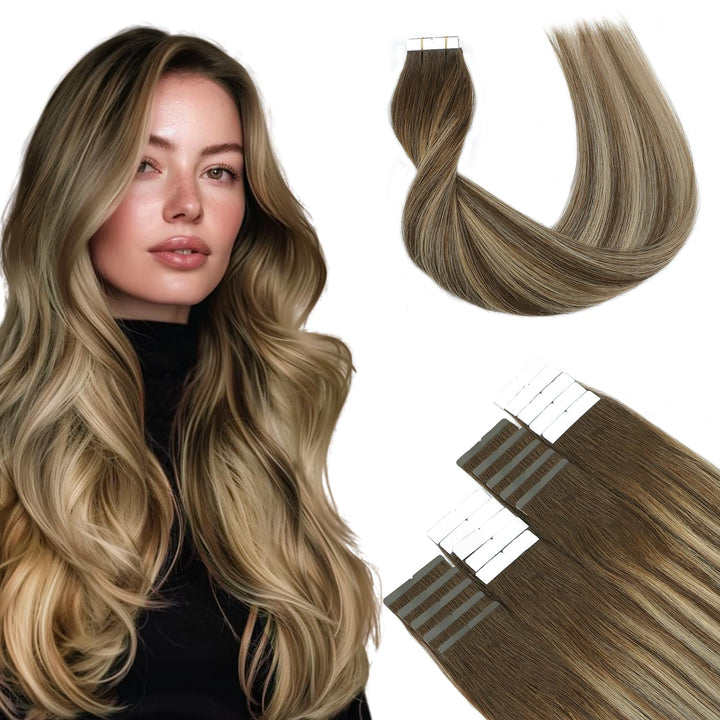 SURNEL Tape in Echthaarverlängerungen Braun Balayage Farbe 4-27-4 Mittelbraun Verblassen zu Honigblo