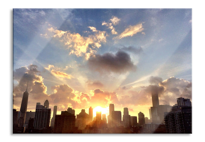 Pixxprint Glasbild | Wandbild aus Echtglas | Chicago Skyline im Sonnenaufgang | 100x70 cm | inkl. Au