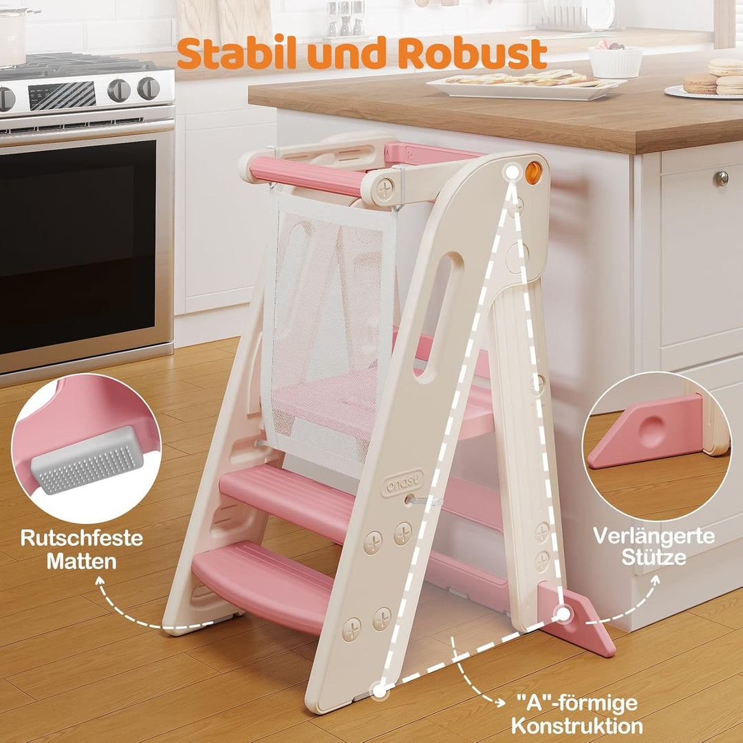 Onasti Lernturm für Kinder mit Sicherheitsgeländer, Lernturm Klappbar, Höhenverstellbar, Learning To