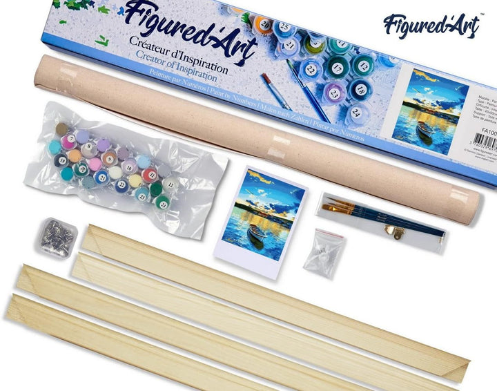 Figured'Art Malen Nach Zahlen Erwachsene Mit Rahmen Boot und Sonnenaufgang - Paint by Numbers Bastel