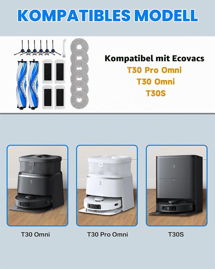19 Stück Ersatzteile für ECOVACS T30 Omni/ T30 PRO Omni/ T30S/ T30S PRO Staubsauger, Zubehörset für