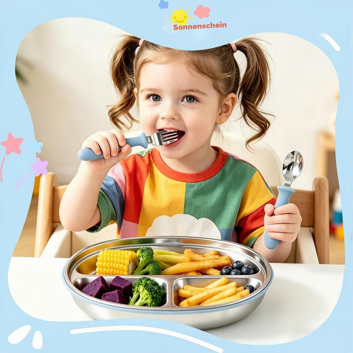 Edelstahl Baby Saugteller Set, Edelstahl Babytelle mit 1 x Gabel und 1 x Löffel, Baby Geschirrmit Ab