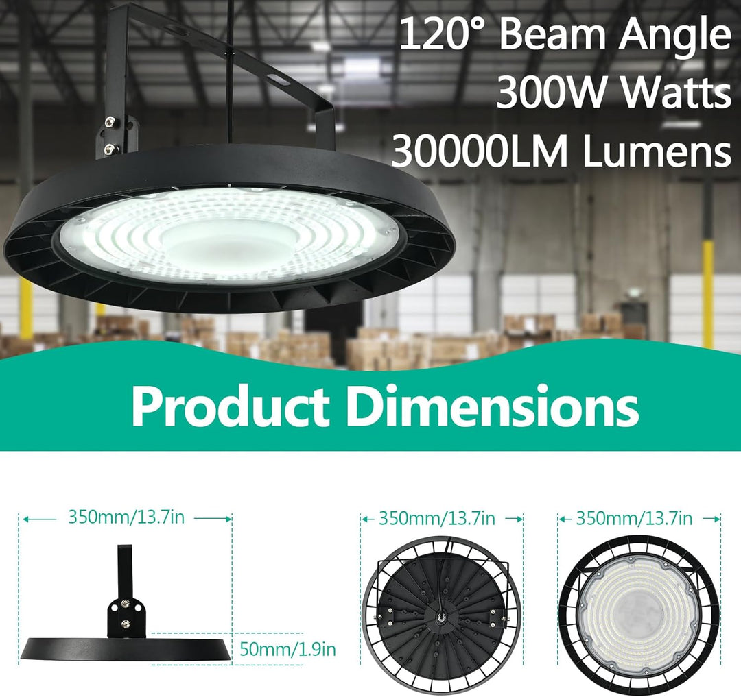 300W UFO LED Industrielampe Hallenstrahler, 6000K Kaltweiss Hallenbeleuchtung Abstrahlwinkel 120°, I