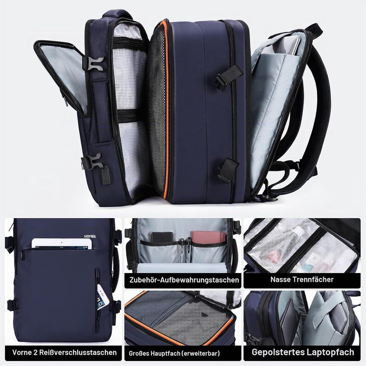 HOMIEE Handgepäck Reiserucksack, Supergross Laptop Rucksack Erweiterbar Diebstahlsicher Wasserabweis