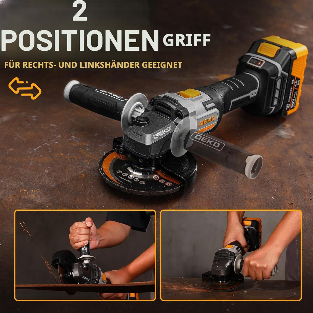 Akku-Winkelschleifer 20V Ø 125mm: DEKOPRO Schleifer mit 4.0Ah Akku, bürstenloser Motor, 8500RPM – in