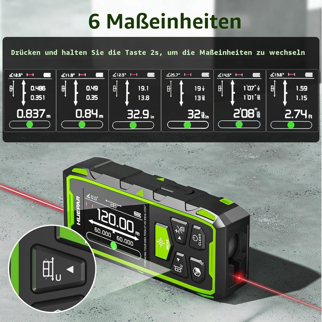 Dual Laser Entfernungsmesser, Huepar 120M Rot Laser Messgerät Entfernungsmesser mit Laser, hintergru