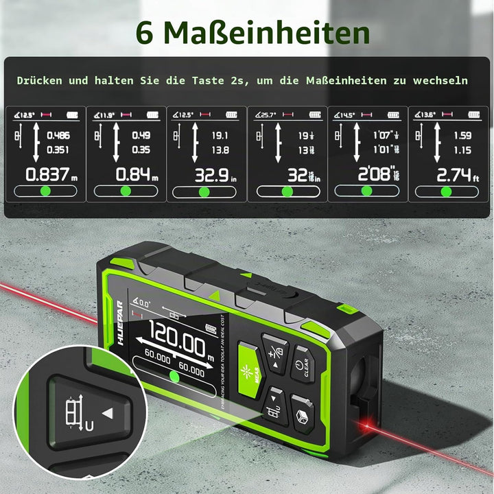 Dual Laser Entfernungsmesser, Huepar 120M Rot Laser Messgerät Entfernungsmesser mit Laser, hintergru