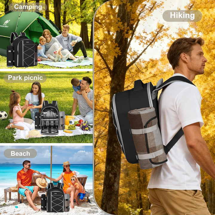 FREEAMG Picknick-Rucksack für 4 Personen, mit Kühlfach, isoliert und wasserdicht, Picknicktasche mit