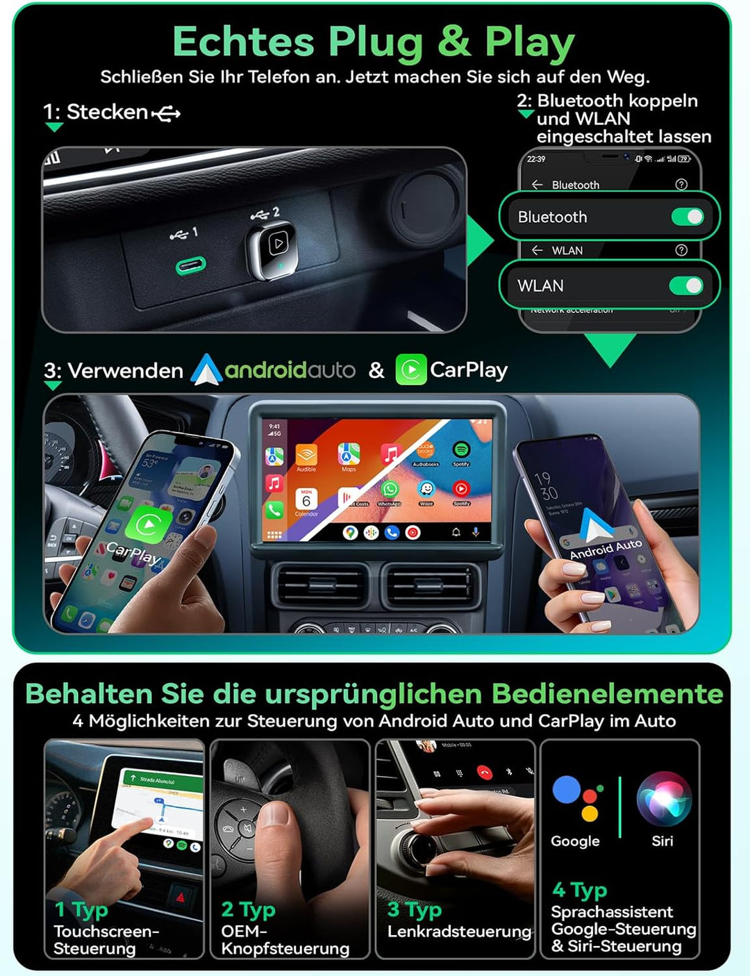 Wireless Carplay & Android Auto Adapter, Mavlou Metalldesign Mini & Stabiler 2-in-1-Dongle, Convert