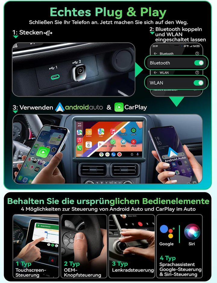 Wireless Carplay & Android Auto Adapter, Mavlou Metalldesign Mini & Stabiler 2-in-1-Dongle, Convert