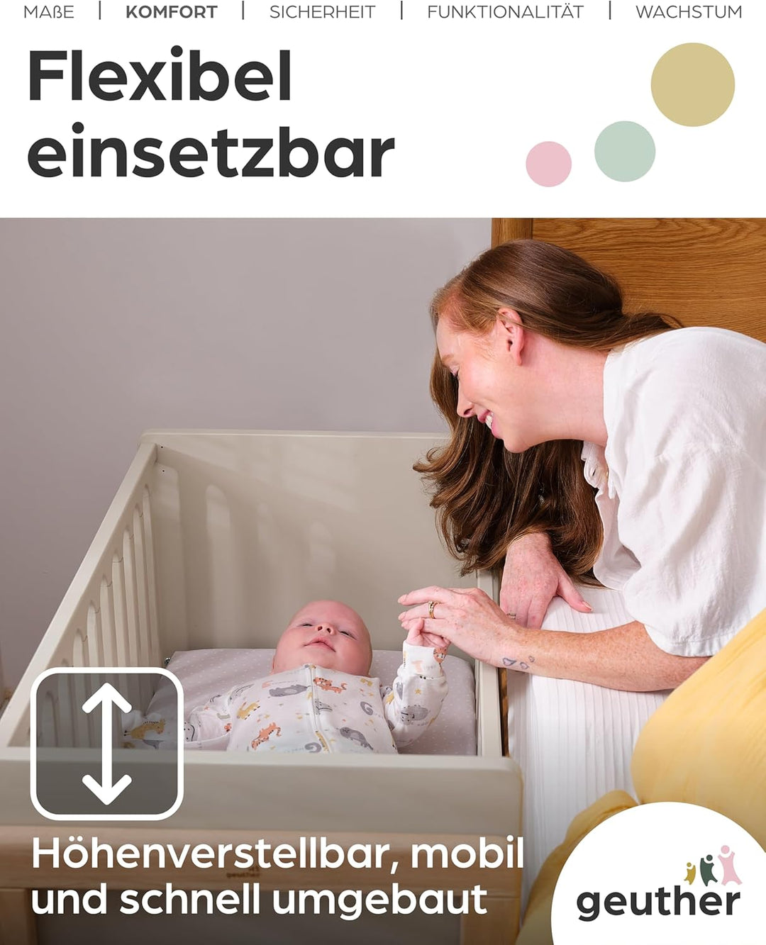 Geuther 4-in-1 Beistellbett Baby Hato, Baby Erstausstattung für Babyzimmer ab Geburt I Gitterbett um