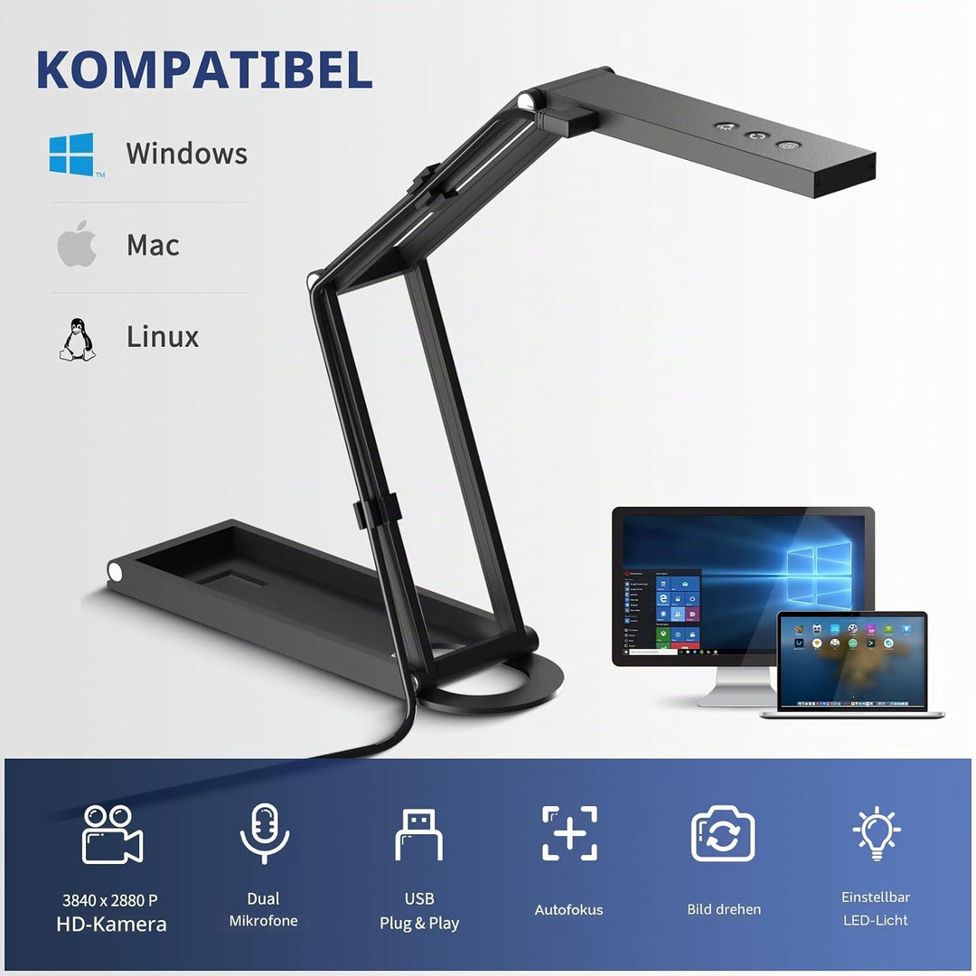 NETUM Dokumentenkamera & Webcam 4K mit Mikrofon USB Visualizer 3-Stufen Touch LED Autofokus Bild Inv