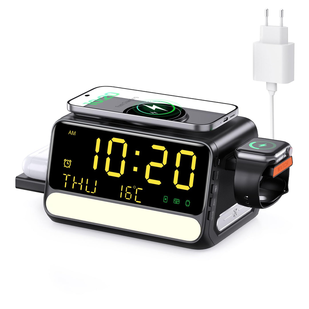 7-in-1 kabellose Ladestation mit Wecker, sprachgesteuertem Nachtlicht, Temperatur & Datum, inklusive
