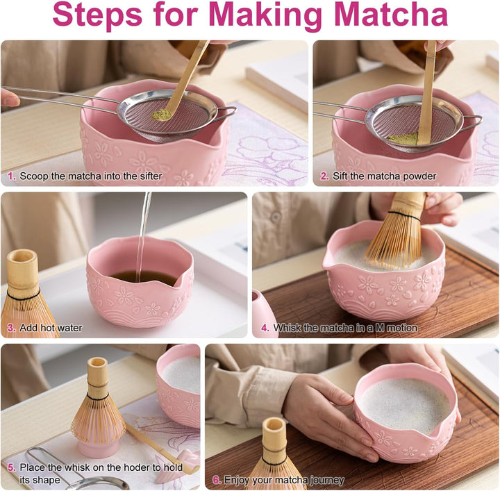 Matcha Set Pink, 8 Stück Matcha Tee Sets mit Matcha Besen und Schale, Schaufel, Löffelständer, Besen
