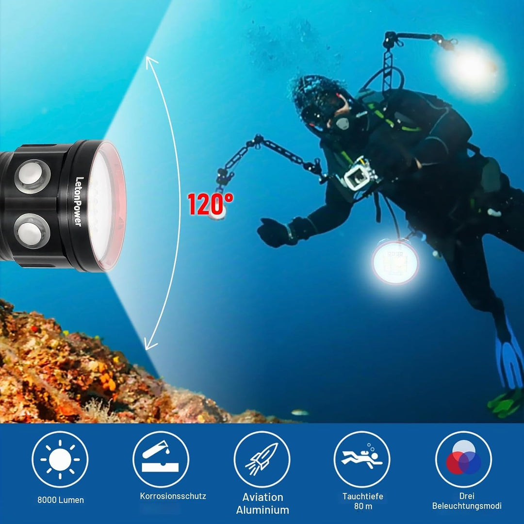 LetonPower B15 Tauchen Taschenlampe, 8000 Lumens Super Bright Underwater 80m Video Light, Scuba Dive