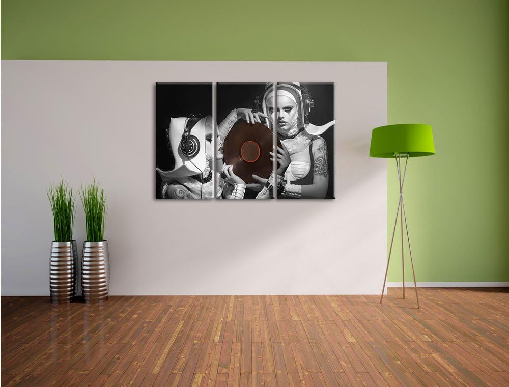 Pixxprint Mysteriöse DJ Frauen Schwarz/Weiss 3-Teiler Leinwandbild 120x80 Bild auf Leinwand