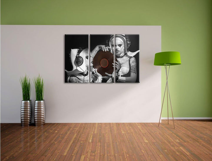 Pixxprint Mysteriöse DJ Frauen Schwarz/Weiss 3-Teiler Leinwandbild 120x80 Bild auf Leinwand