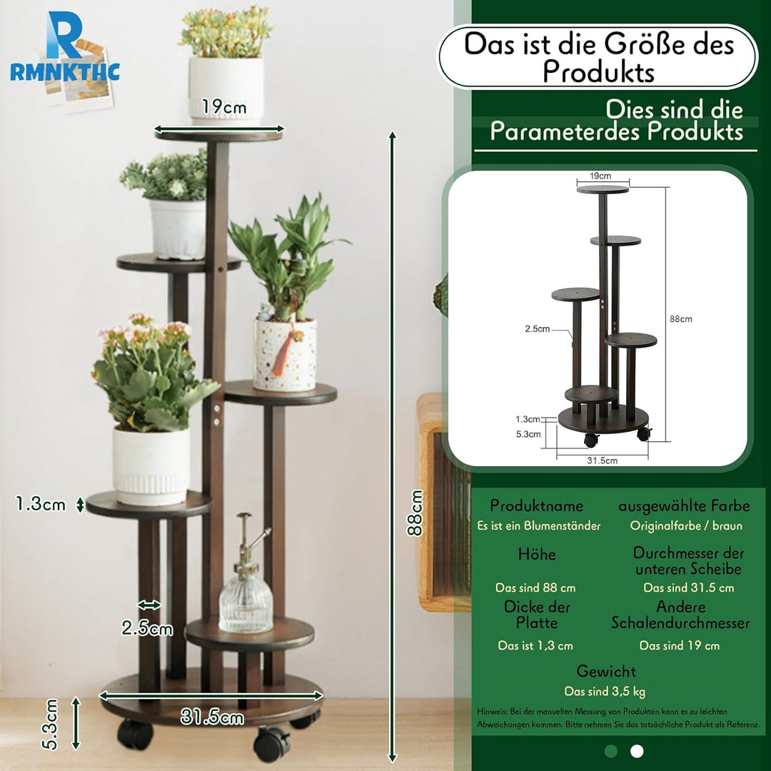 Bambus Blumenregal mit Rollen | 5-stufig 20kg Traglast | Naturmaterial wasserfest | Einfache Montage