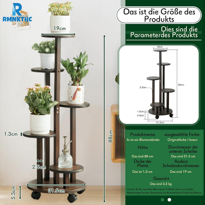 Bambus Blumenregal mit Rollen | 5-stufig 20kg Traglast | Naturmaterial wasserfest | Einfache Montage