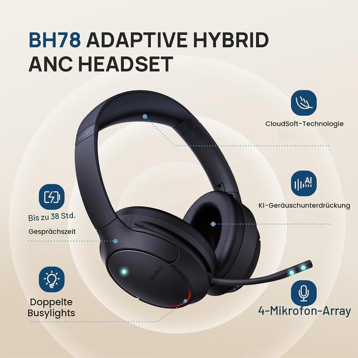 Yealink BH78 Bluetooth Headset mit Lärmschutz Mikrofon, Kopfhörer Over Ear für Homeoffice, Zoom/Team