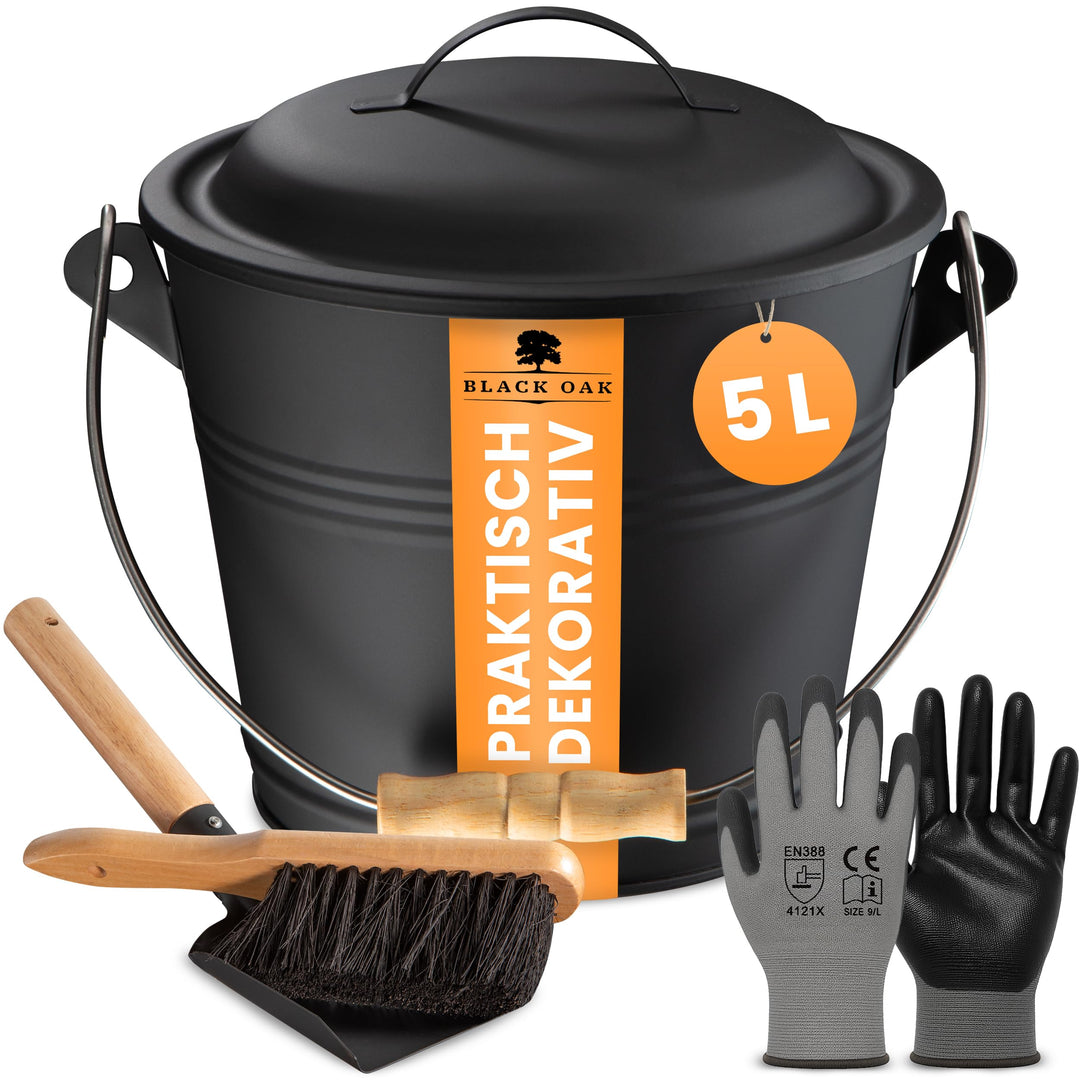 BLACK OAK Ascheeimer PITON 5L - schwarz mit Deckel mit Holz-Griff + Feger + Schaufel & Handschuhen -