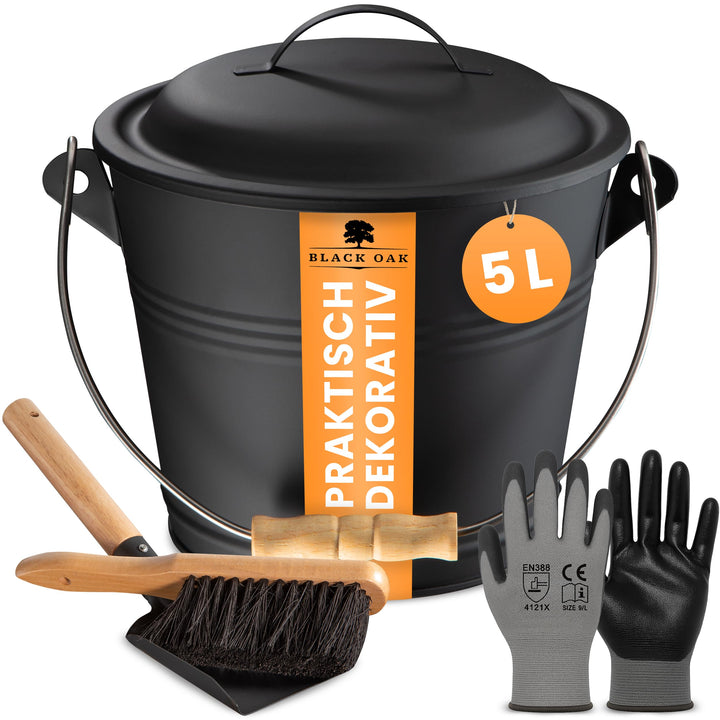 BLACK OAK Ascheeimer PITON 5L - schwarz mit Deckel mit Holz-Griff + Feger + Schaufel & Handschuhen -