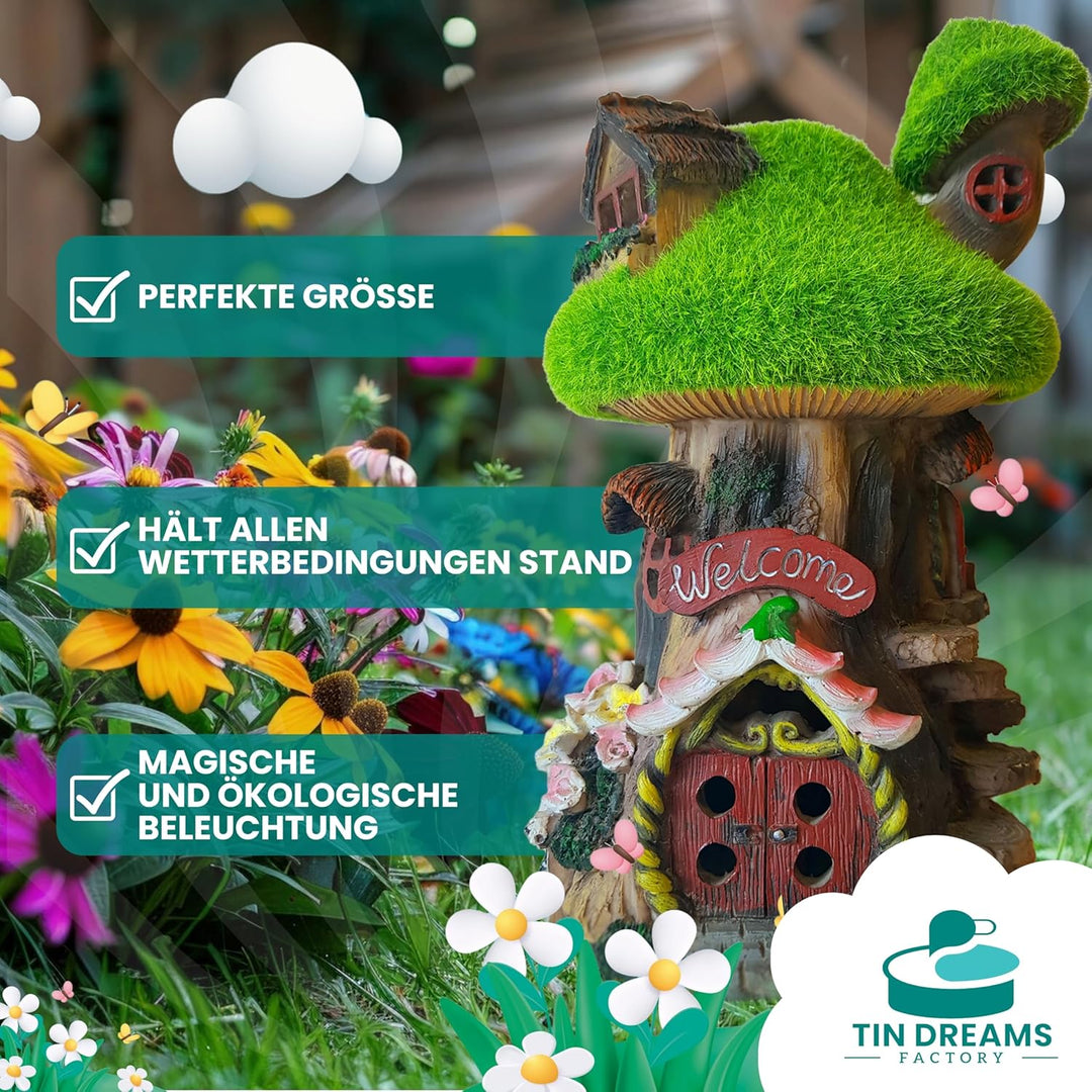 Feenhaus für den Garten mit Solarlicht - Fairy Tree House aus Harz - Aussendekoration für Garten, Te
