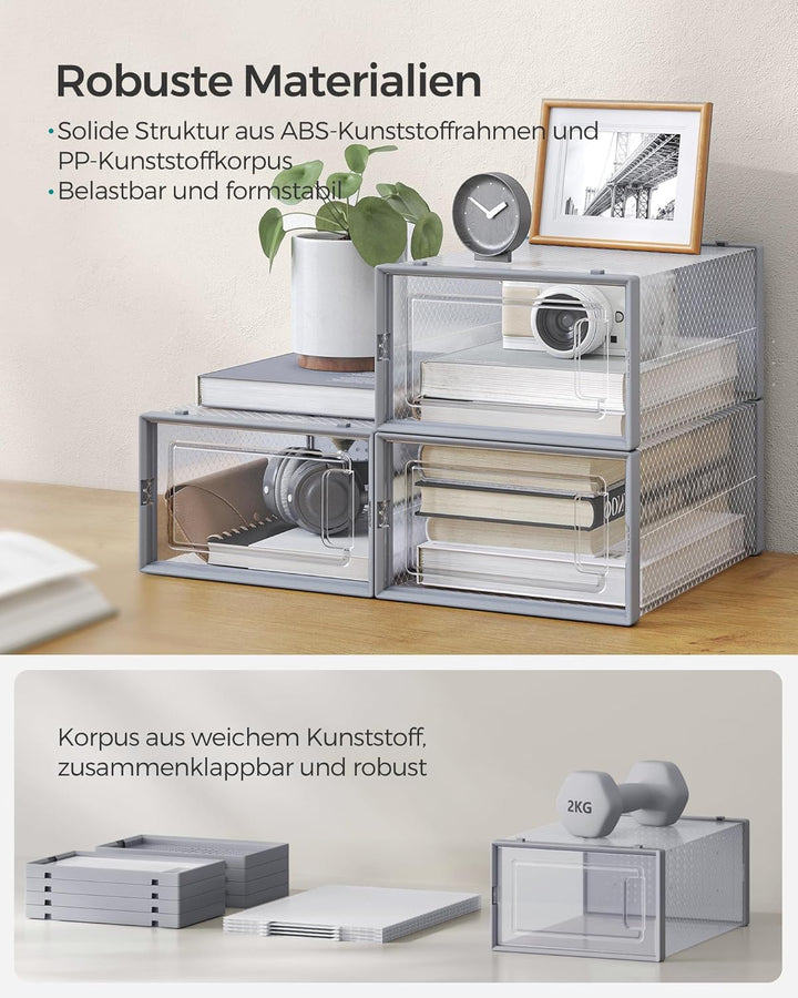 SONGMICS Schuhboxen, 18er Set Schuhkartons durchsichtig, faltbar und stapelbar, bis Grösse 44, trans