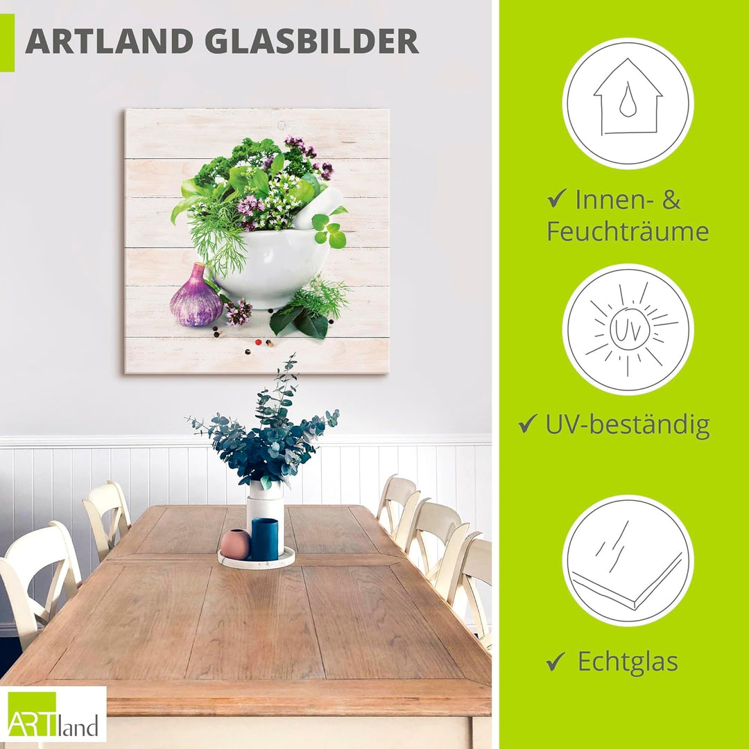 ARTland Glasbilder Wandbild Glas Bild einteilig 50x50 cm Quadratisch Stillleben Kräuter Gewürze Küch