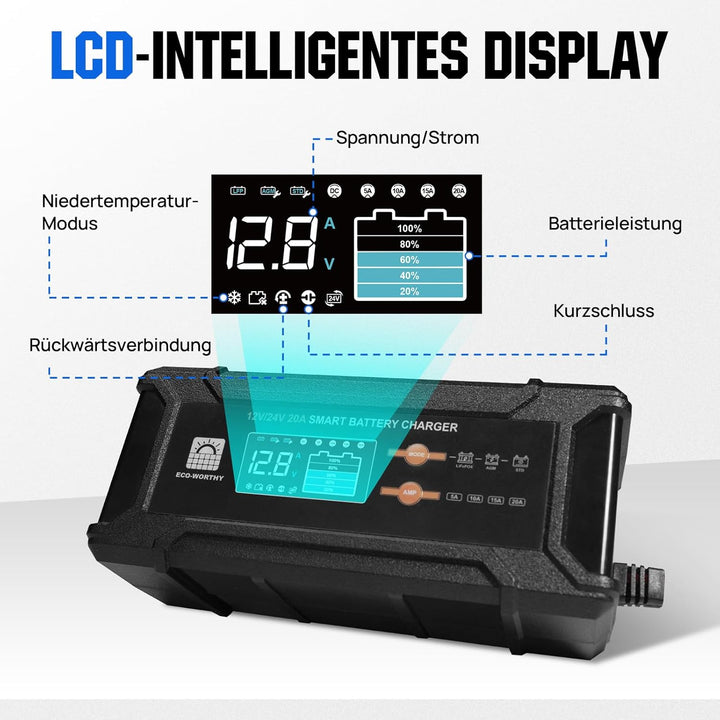 ECO-WORTHY 12V/24V 20A LiFePO4 Batterieladegerät mit Multi-Current Optionen 5A/10A/15A/20A,automatis