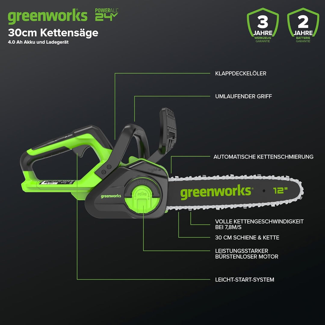 Greenworks GD24CS30K4 Akku Kettensäge mit 24V 4Ah Akku und Ladegerät, bürstenlosem Motor, 30 cm Blat