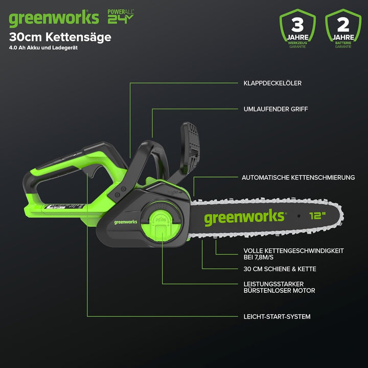 Greenworks GD24CS30K4 Akku Kettensäge mit 24V 4Ah Akku und Ladegerät, bürstenlosem Motor, 30 cm Blat