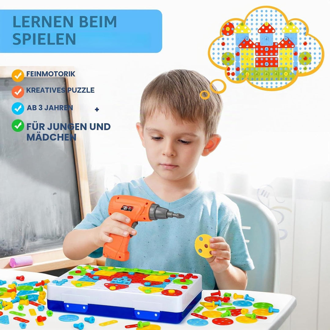 SHAWE Spielzeug ab 3 Jahre Mosaik Steckspiel Werkzeugbox mit Elektrische Spielzeug Bohrmaschine Mont