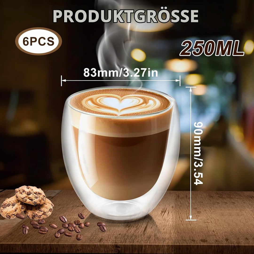Cappuccino Tassen 6er Set, Cappuccino Gläser, 250ml Doppelwandiges Kaffeegläser, Schwebeeffekt, Ther