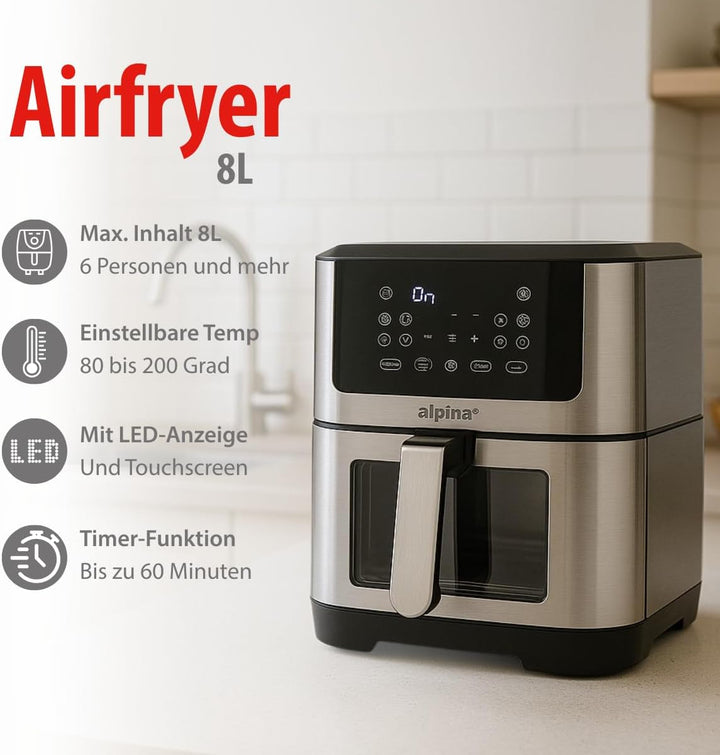 alpina Heissluftfritteuse XXL - Airfryer für 4 bis 6 Personen - Air Fryer mit Digitalanzeige 80 bis