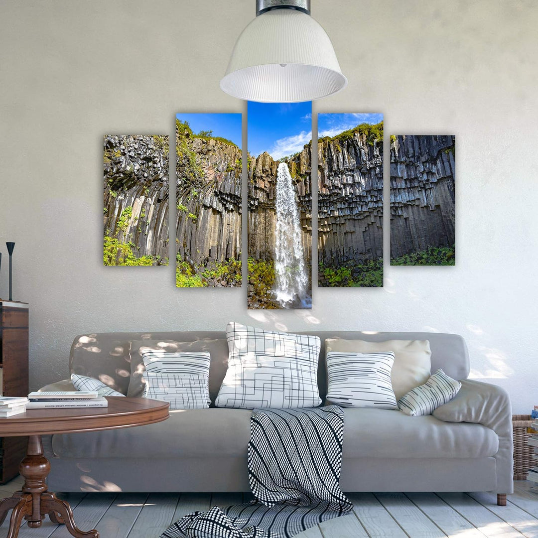 Feeby Leinwandbild 5 Teilig Landschaft Bild Wanddeko Wasserfall Himmel Berge grün 150x100 cm Leinwan