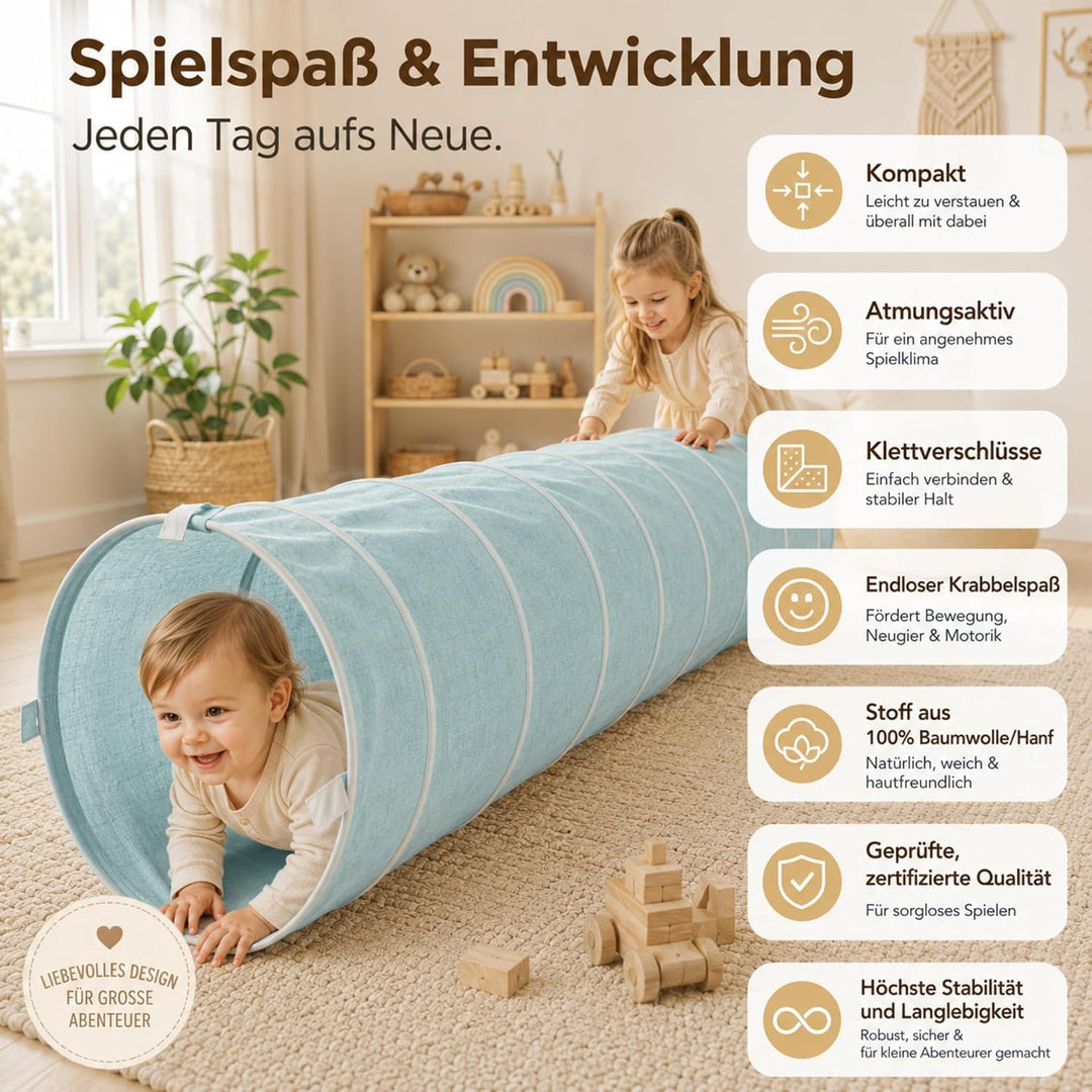 LIONHERZ® Spieltunnel für Kinder aus Baumwolle/Hanf mit Klettverschlüssen [180cm x 46cm] Krabbeltunn