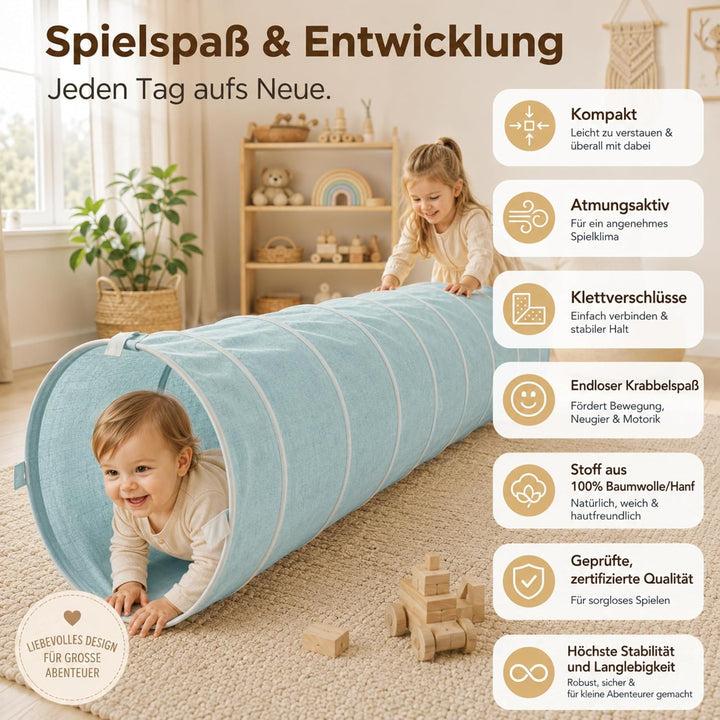 LIONHERZ® Spieltunnel für Kinder aus Baumwolle/Hanf mit Klettverschlüssen [180cm x 46cm] Krabbeltunn