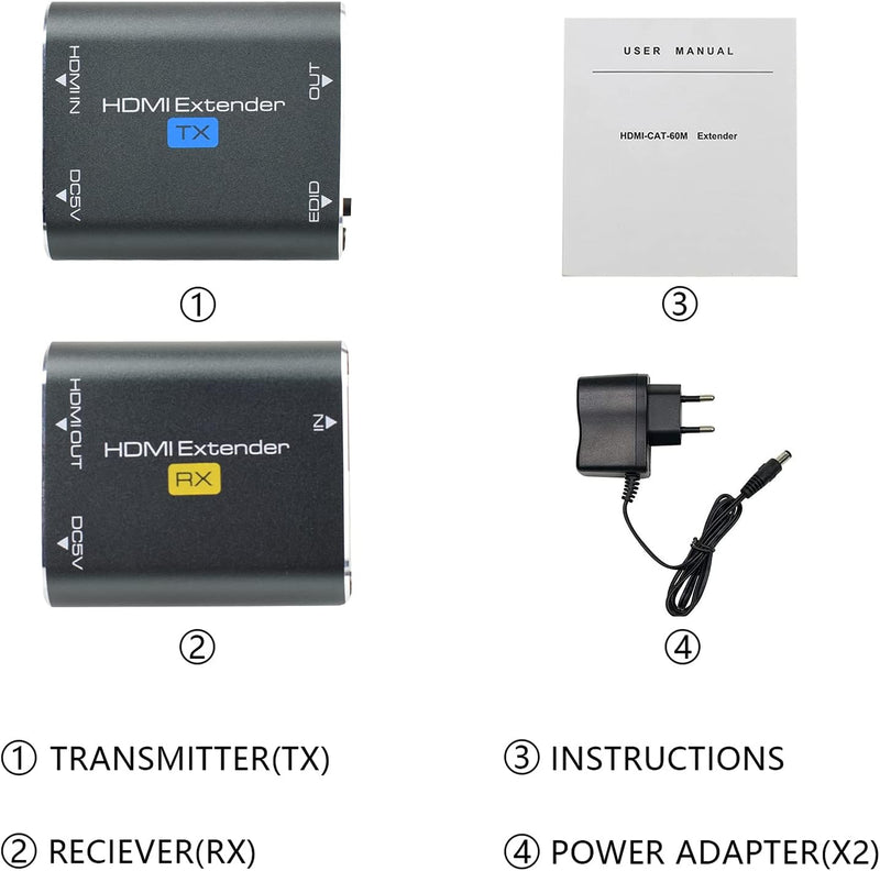 HDMI Extender, AMANKA 60m Aluminium HDMI Expander Repeater, Signal kann über RJ45 Cat6 Cat7 Kabel ve