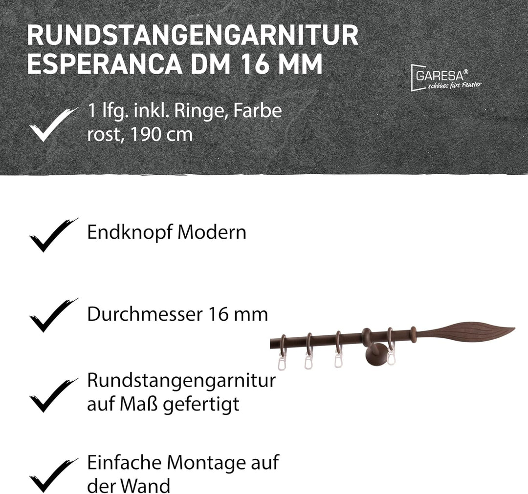 Garesa Gardinenstange Esperanca Ø 16mm, 1-läufig, Rost I Rustikale Vorhangstange inkl. Ringe + Falte
