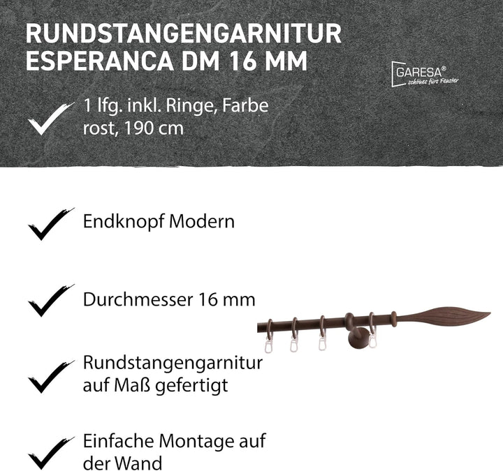 Garesa Gardinenstange Esperanca Ø 16mm, 1-läufig, Rost I Rustikale Vorhangstange inkl. Ringe + Falte