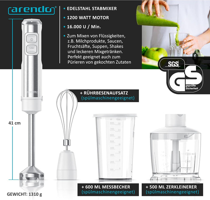 Arendo - Stabmixer Edelstahl 1200 Watt Set - DC Motor - inkl. 800 ml Messbecher + Schneebesen - 2 Ge