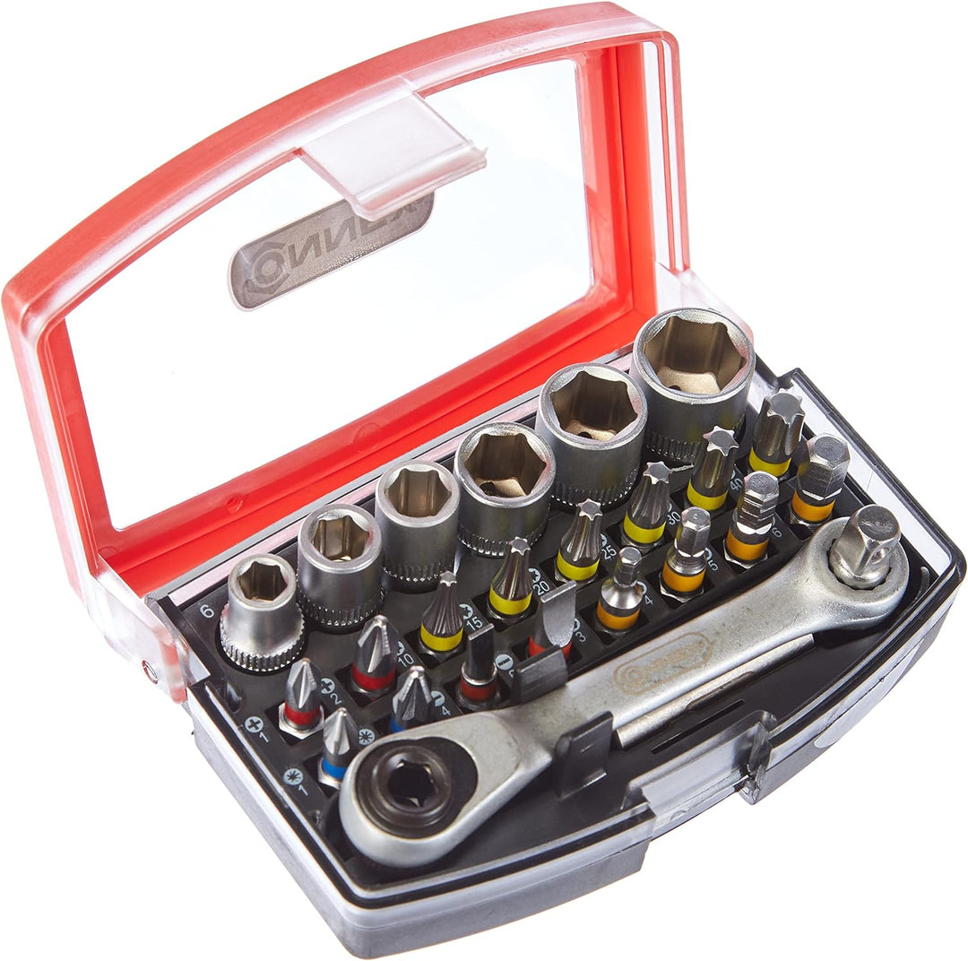 Connex Bit- und Steckschlüssel-Satz 25-teilig - Stabile Kunststoffbox - 1/4 Zoll - Inklusive Mini-Kn