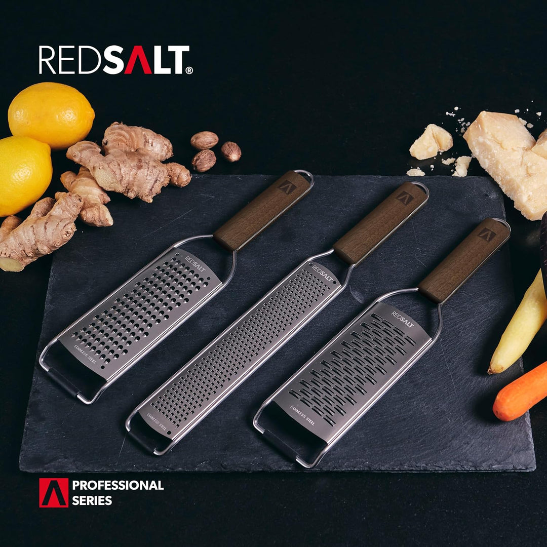 REDSALT® Premium Zester Julienne Edelstahl Reiben Set mit Walnuss Holzgriff | Raspel Küchenreibe Zit