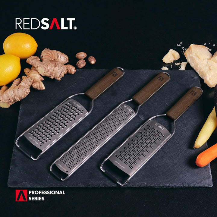 REDSALT® Premium Zester Julienne Edelstahl Reiben Set mit Walnuss Holzgriff | Raspel Küchenreibe Zit