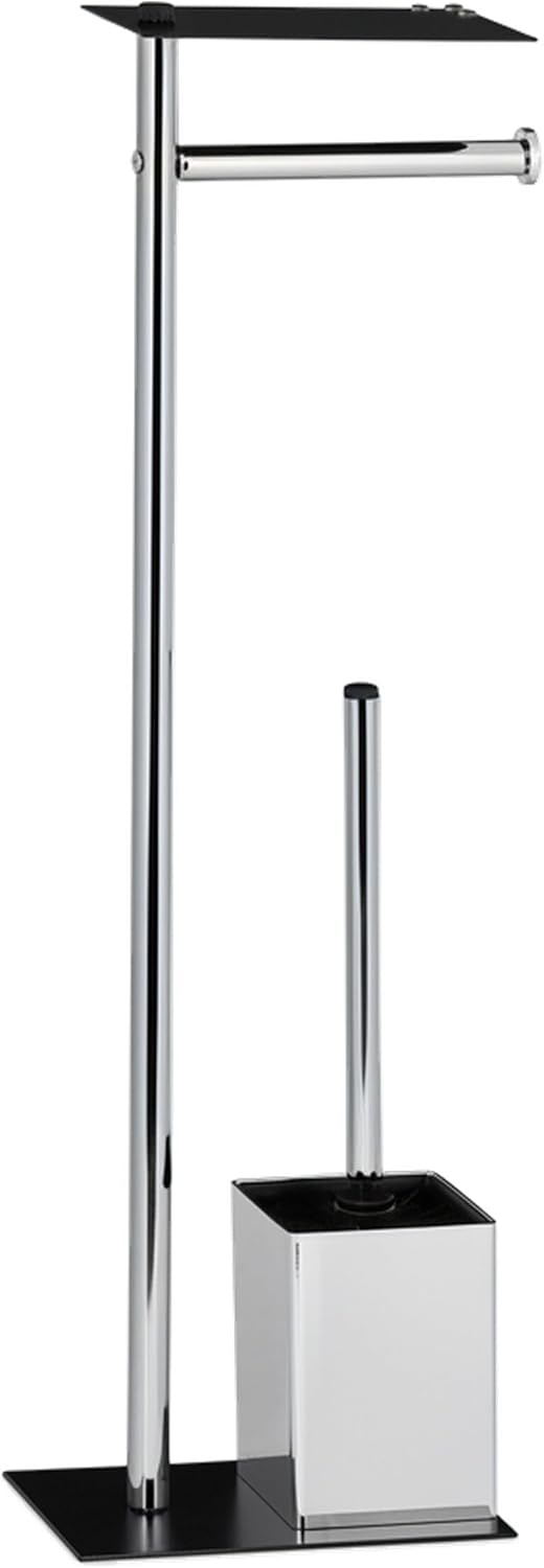 Relaxdays, Toilettenbürste u. Bürstenhalter, HxBxT 66 x 20 x 13 cm, schwarz-Silber WC Garnitur mit T